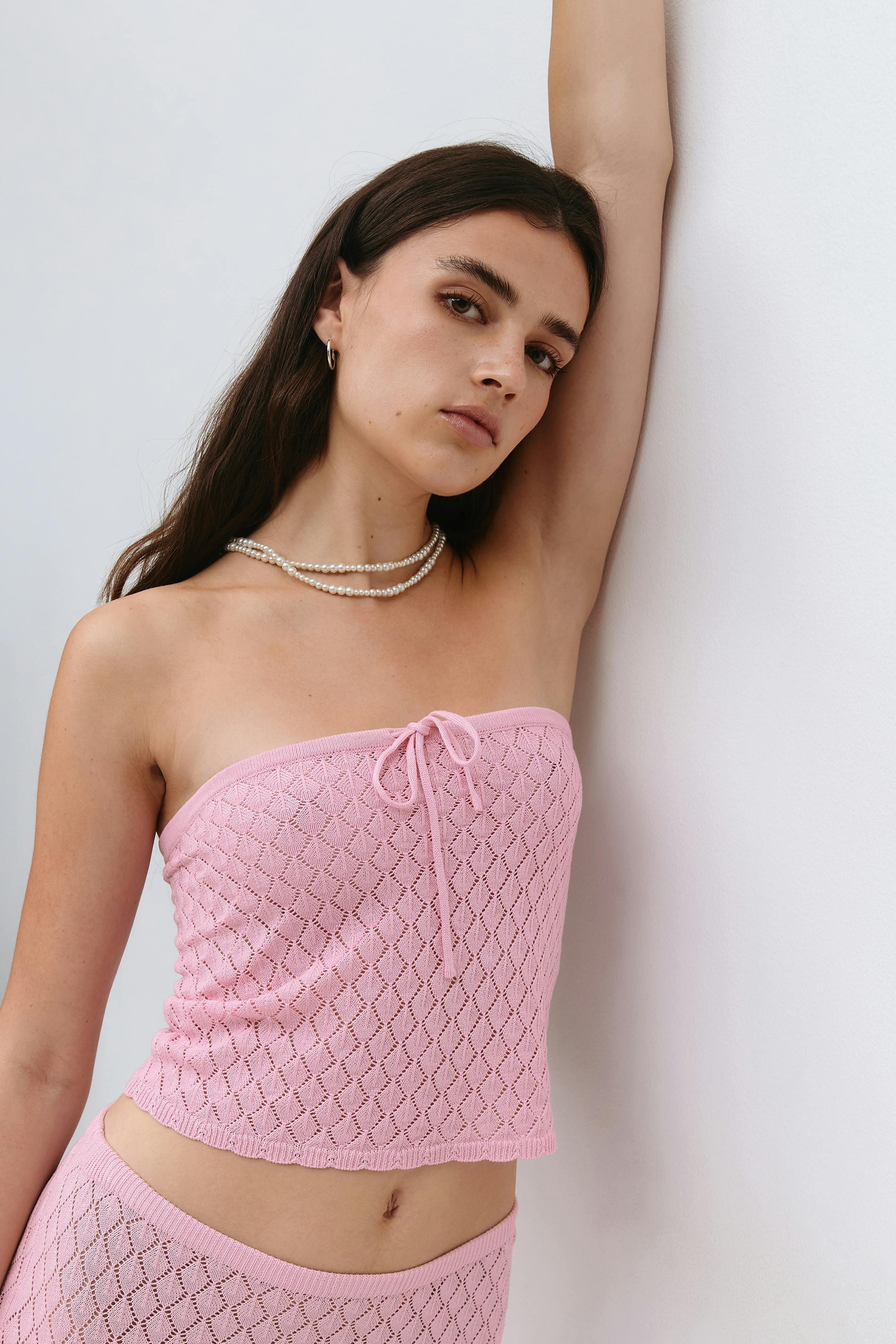 Gina Tricot - Knitted crochet tube top - linnen - Rosa - XS - Dam