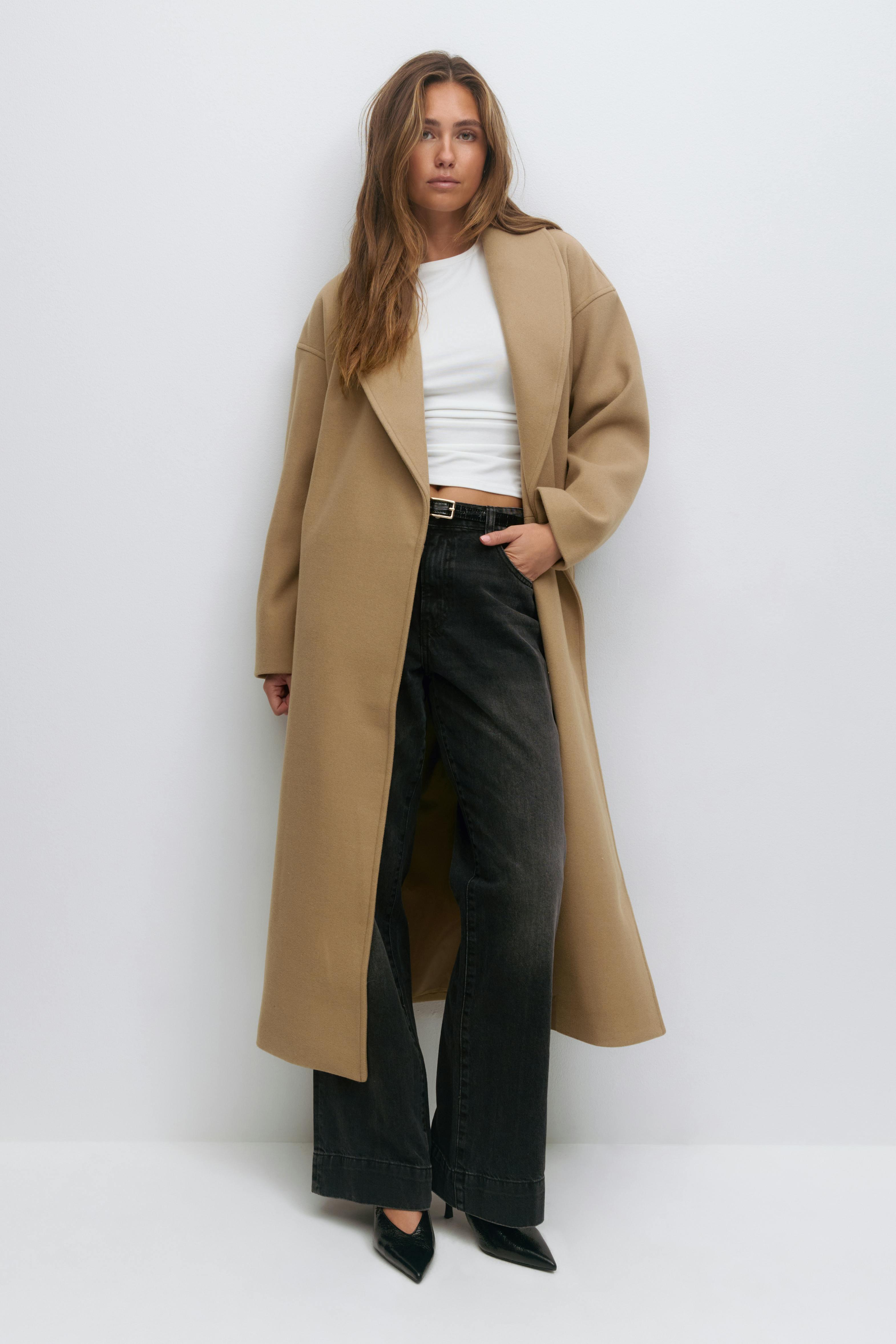 Gina Tricot - Shawl collar long coat - kappor - Beige - XS - Dam