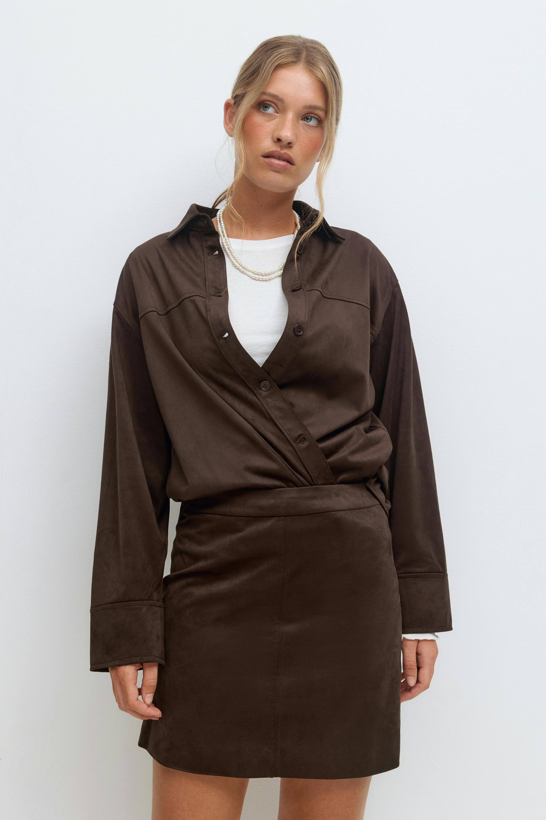 Gina Tricot - Faux suede shirt - skjortor - Brun - XL - Dam