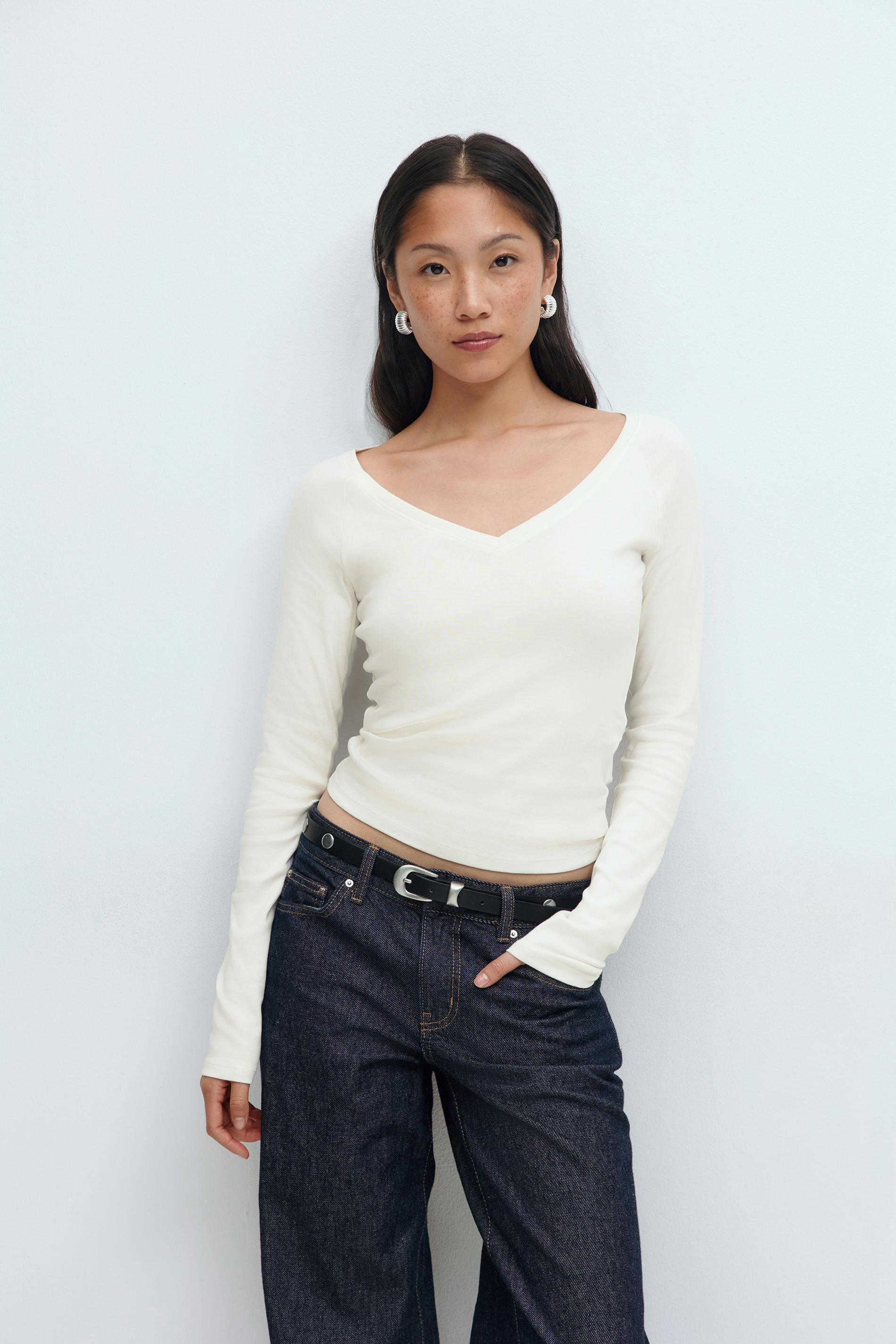 Gina Tricot - V-neck top - Långärmade toppar - Vit - S - Dam