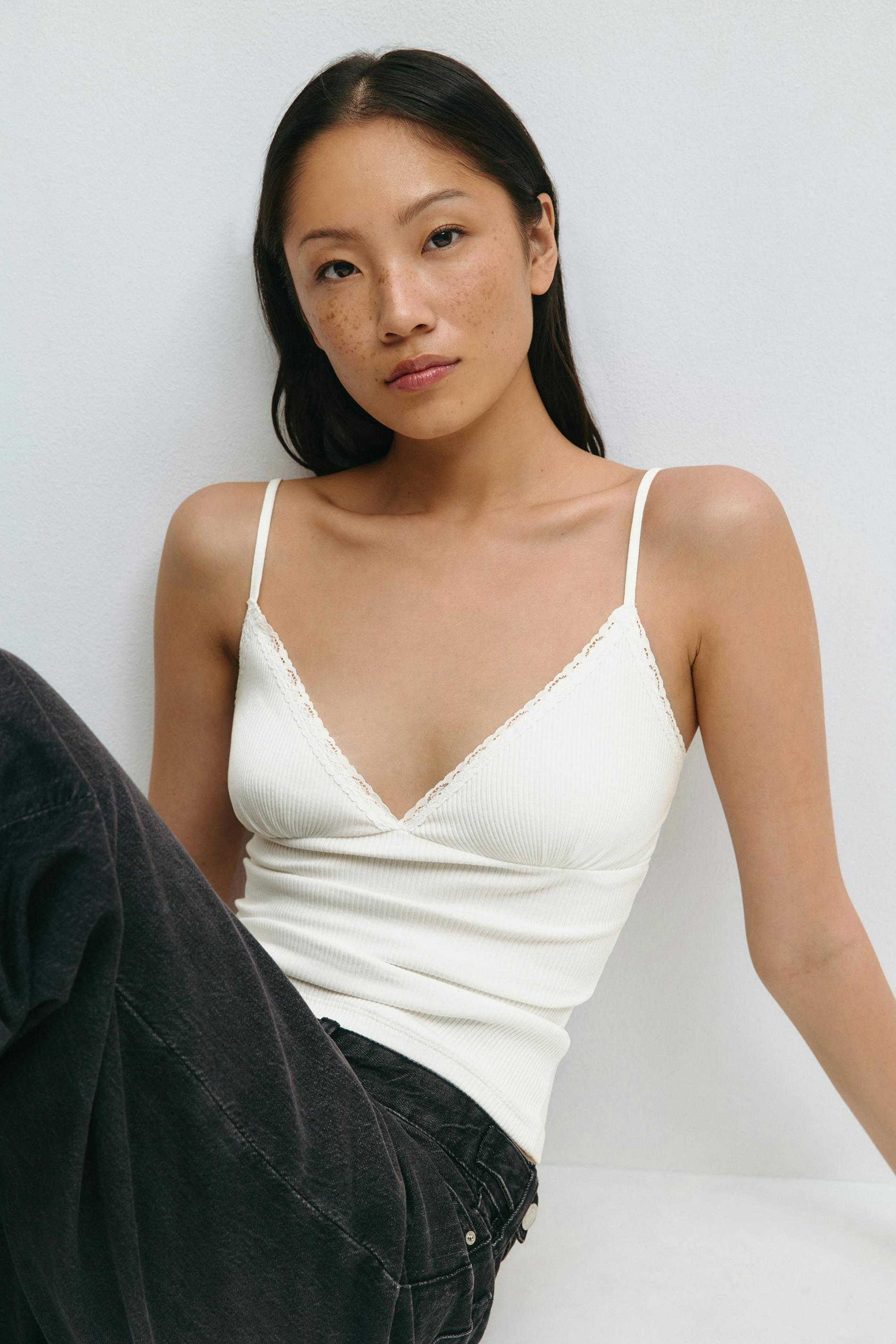 Gina Tricot - Lace detail singlet - linnen - Vit - XS - Dam