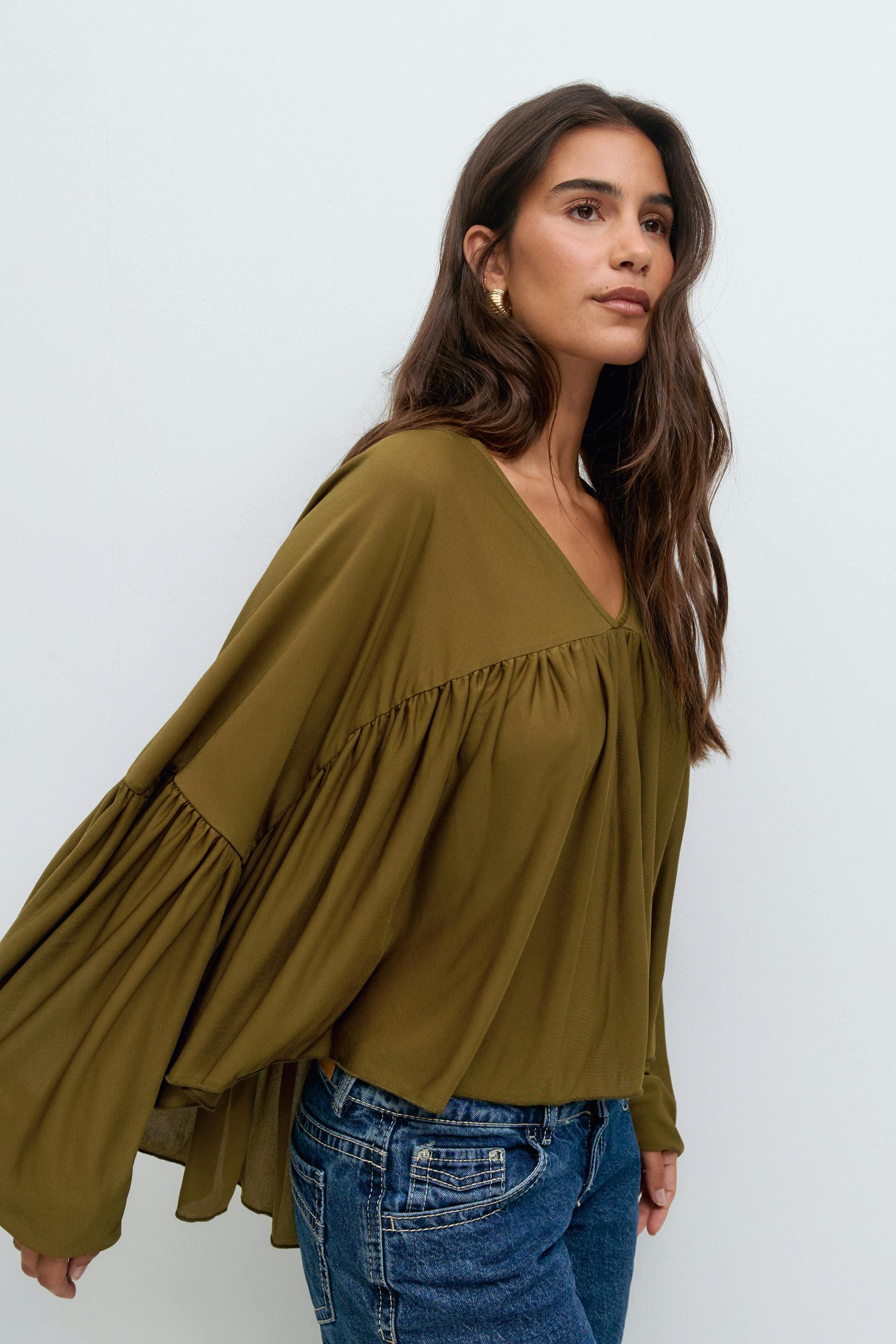 Gina Tricot - Wide sheer top - Långärmade toppar - Grön - XS - Dam